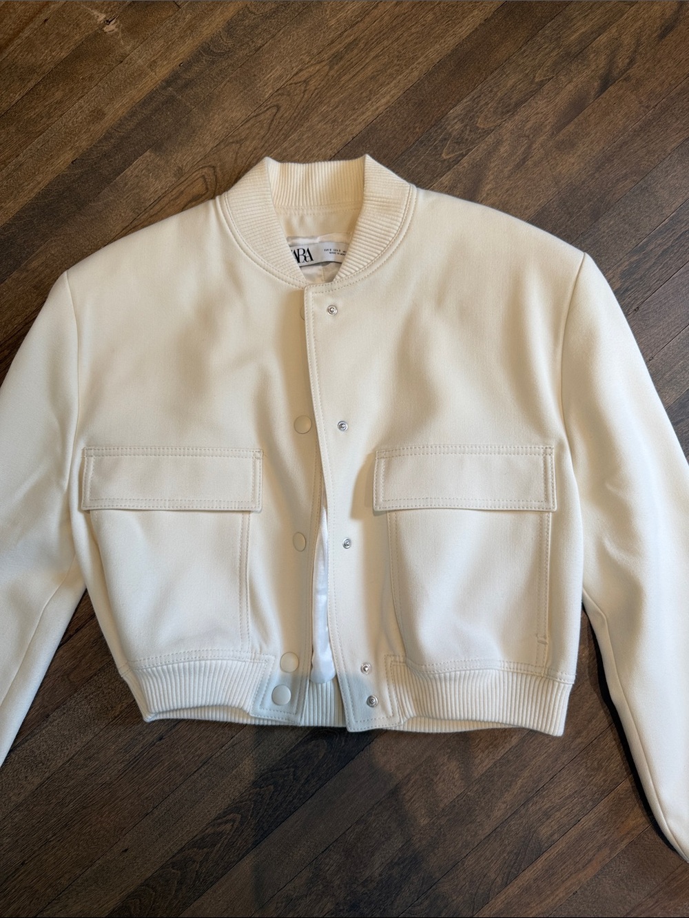 ZARA Cream Cropped Bomber Jacket with Flap Pockets